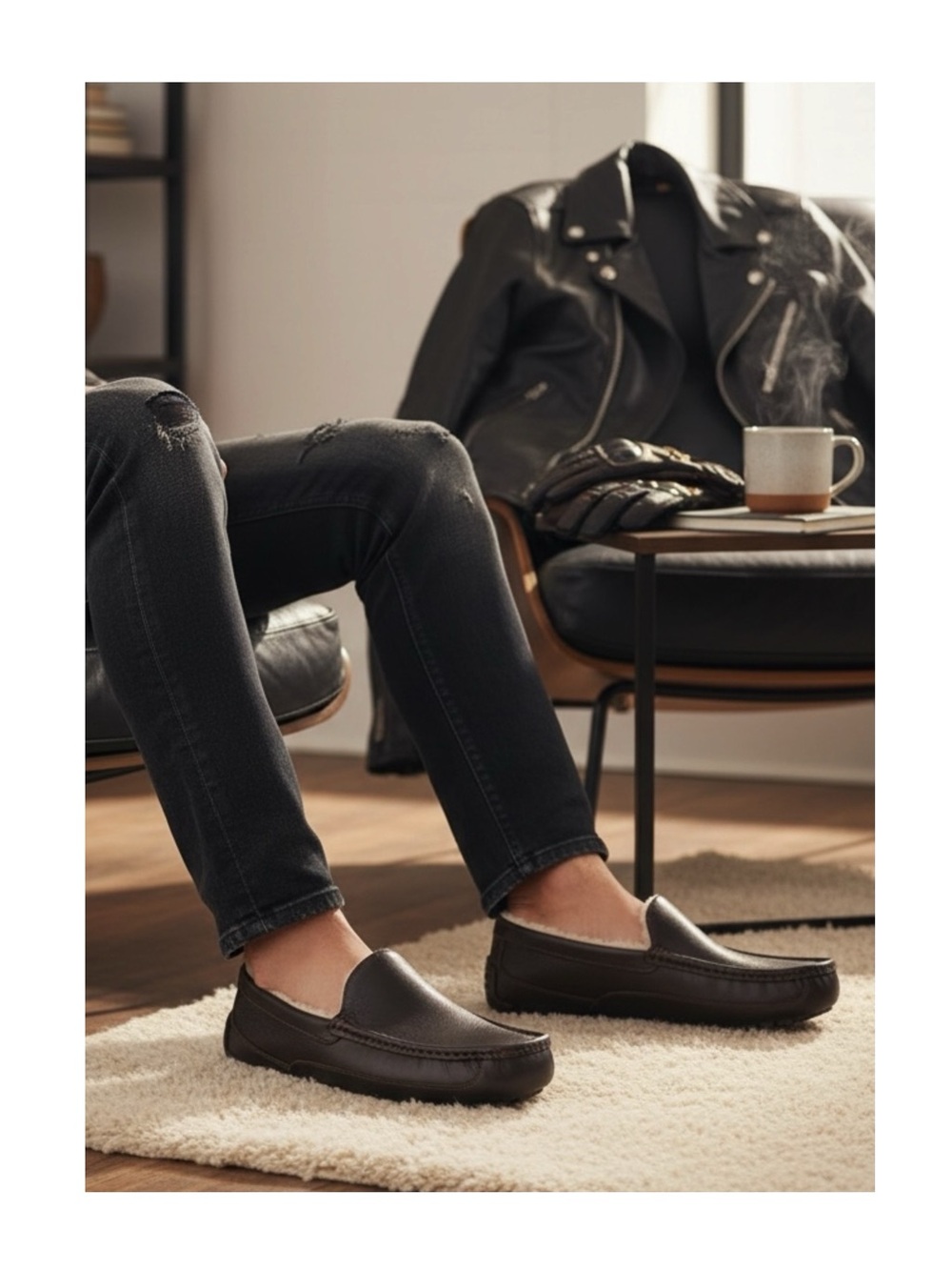 UGG 𖤐 Ascot Fur Lined Leather Moc Slipper Loafer 𖤐 Black Brown 𖤐 12 45 𖤐 Men’s